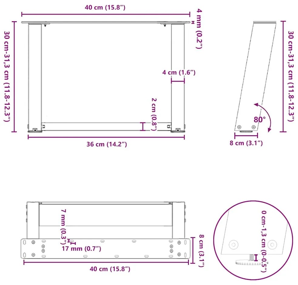 Pés para mesa de centro em formato de U, 2 peças, branco, 40x(30-31) c