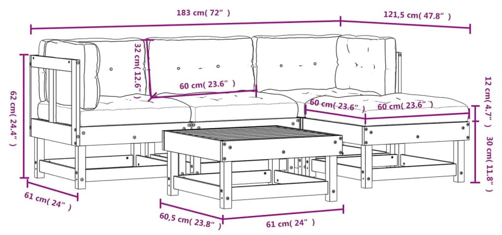 5pcs conjunto lounge jardim c/ almofadões madeira maciça branco
