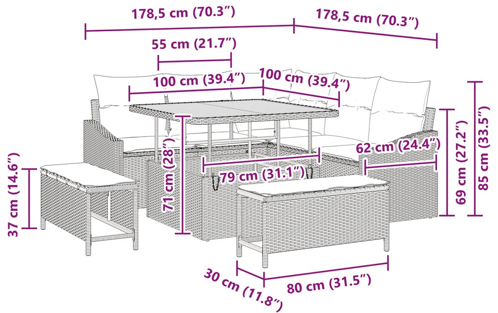 Conjunto de Sofás de Jardim 8 Peças com Almofadas Cinza Vime Poliéster