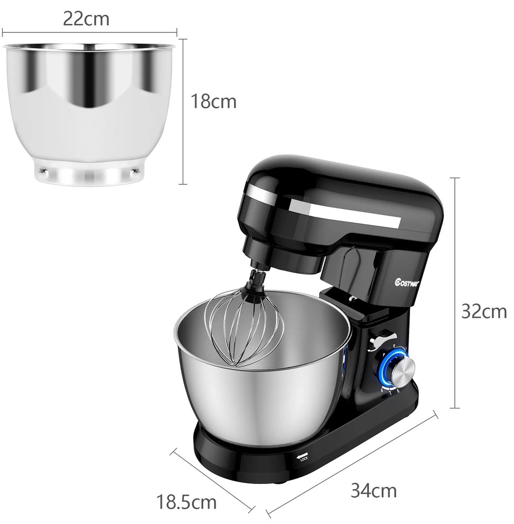 Batedeira eléctrica de 4,5 L com cabeça inclinada 8 velocidades Função Turbo com tigela 34 x 18,5 x 32 cm preta