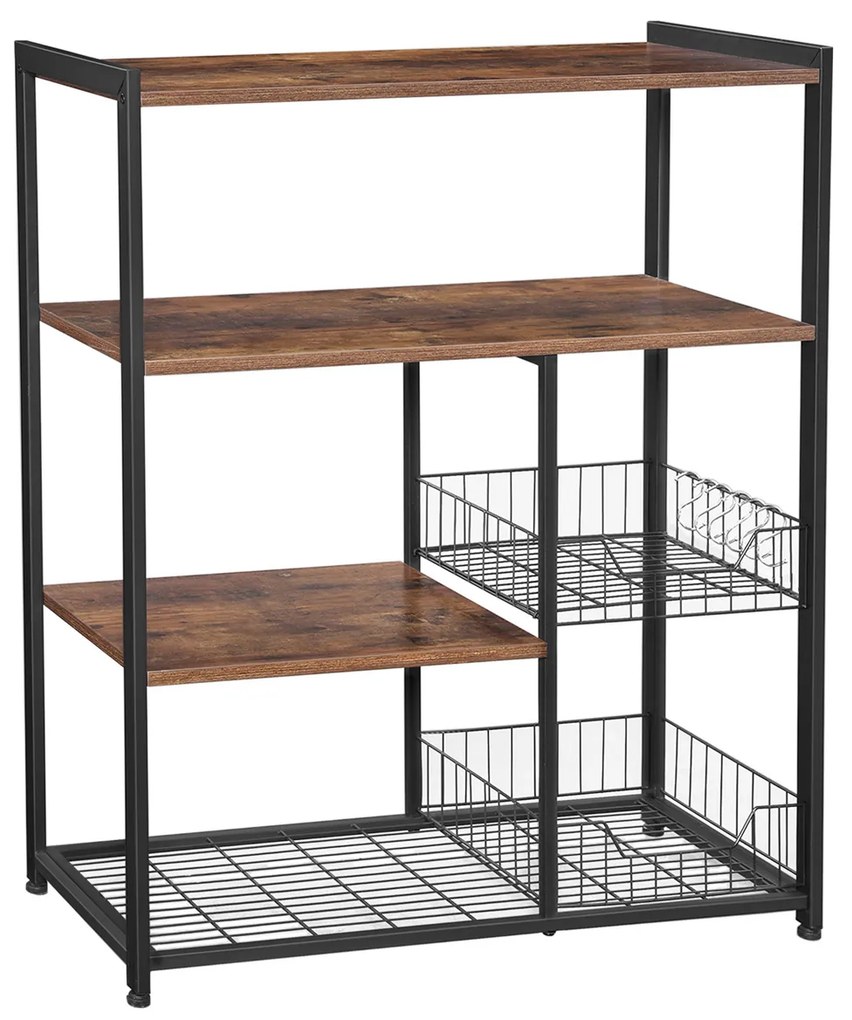 Bancada de cozinha com prateleiras, cestos metálicos e ganchos | VASAGLE | 80 x 35 x 95 cm | marrom rústico | KKS96X.