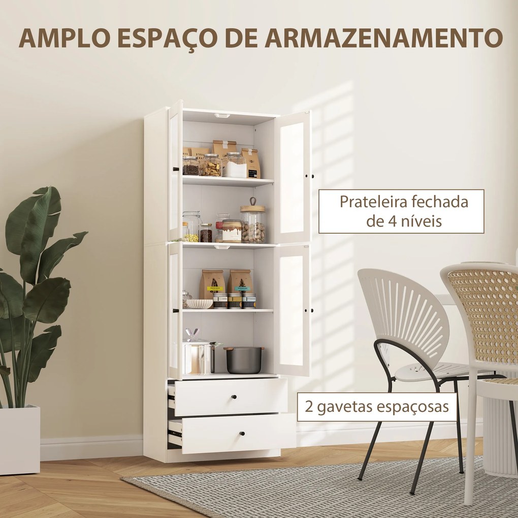 Armário de Cozinha Alto Móvel Auxiliar de Cozinha com 4 Portas de Vidro 2 Gavetas Prateleiras Ajustáveis 59x30x170 cm, Branco