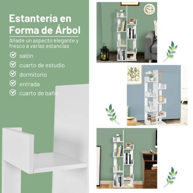 Estante Sala em formato árvore com 8 prateleiras, dispositivo anti-queda, organizador para sala, quarto, 50 x 25 x 145 cm Branco