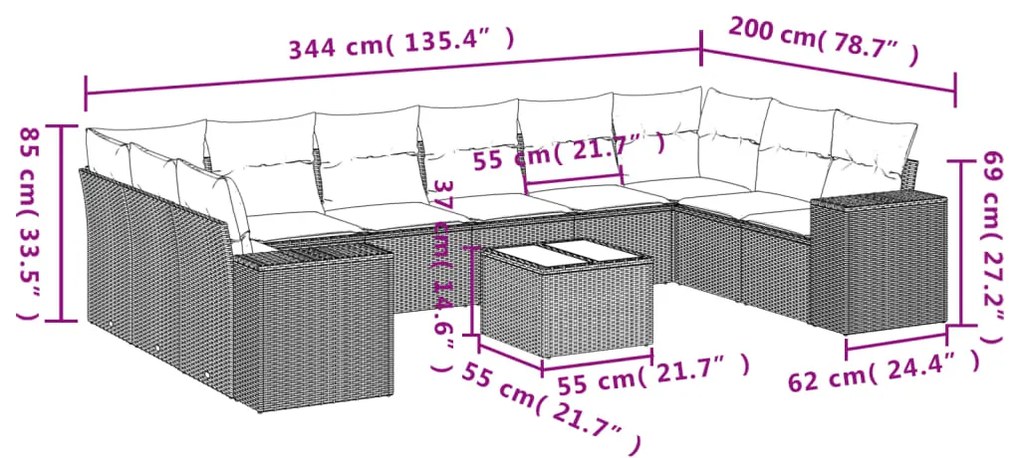 11 pcs conjunto sofás de jardim c/ almofadões vime PE bege