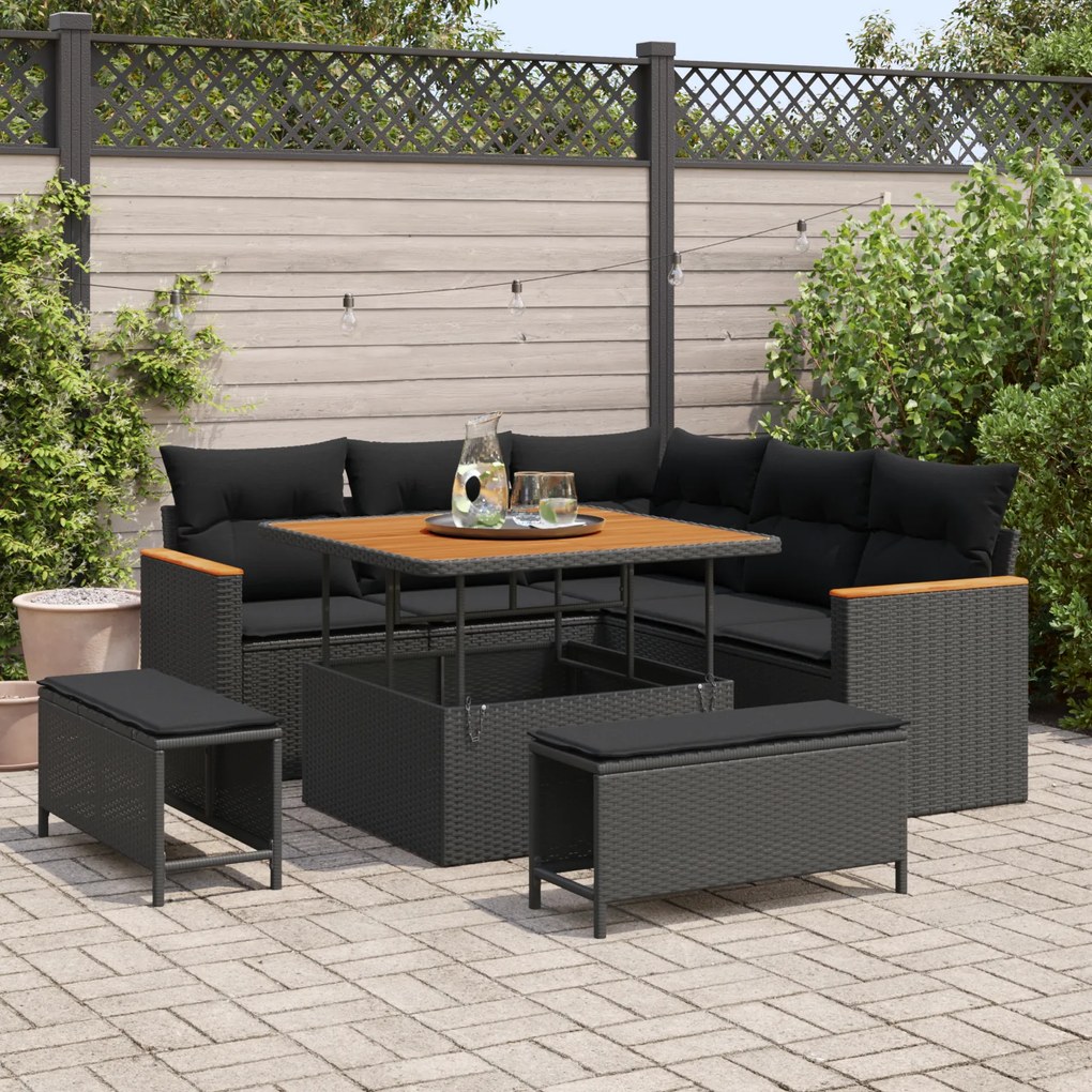 Conjunto de Sofá Jardim em 8 Peças com Almofadas Preto Rattan Poliéster e Acácia
