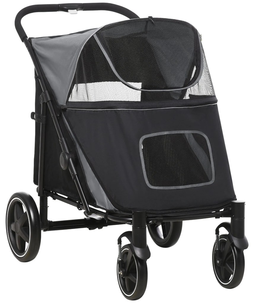PawHut Carrinho para Cães Dobrável com Janelas de Malha Cinto de Segurança e Bolsos de Armazenamento 112x65x100 cm Cinzento