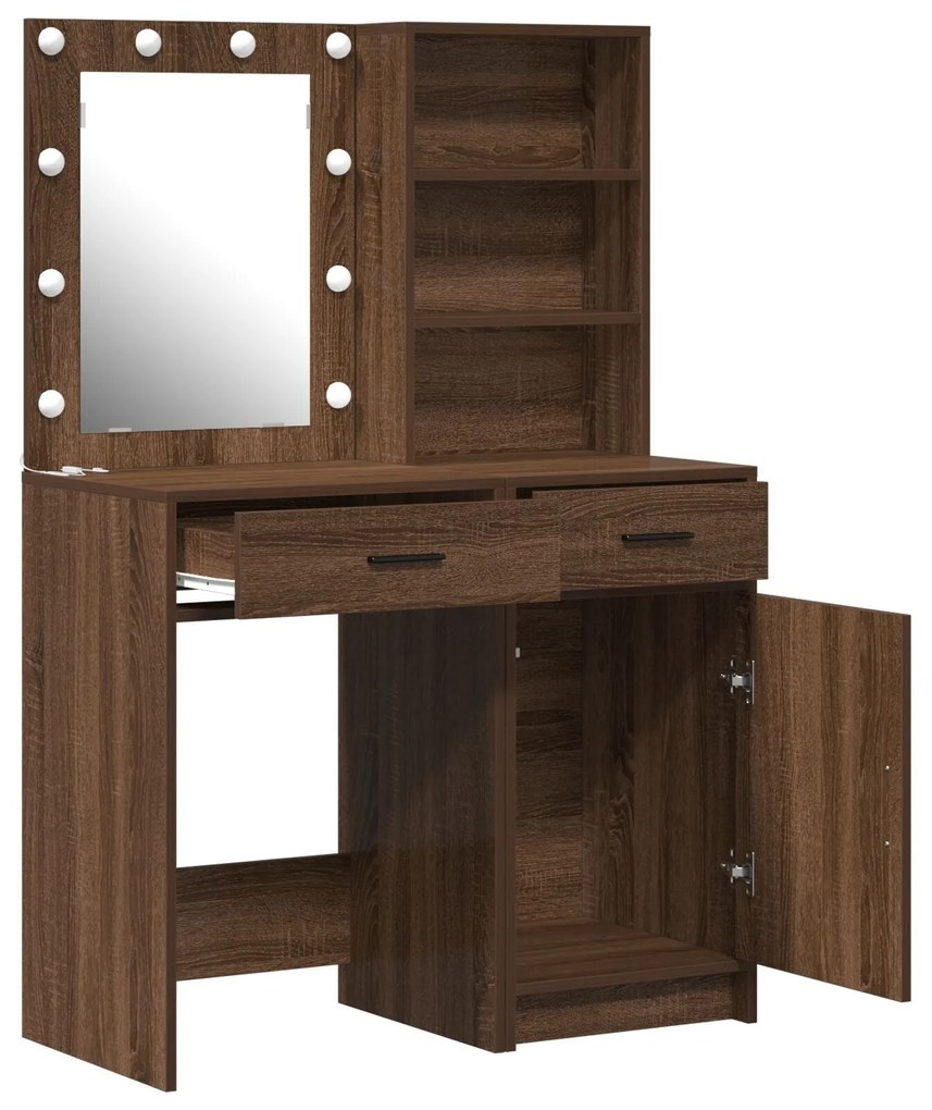 Conjunto de Mesa de Maquiagem 2 Peças com LED Madeira de Carvalho Pret