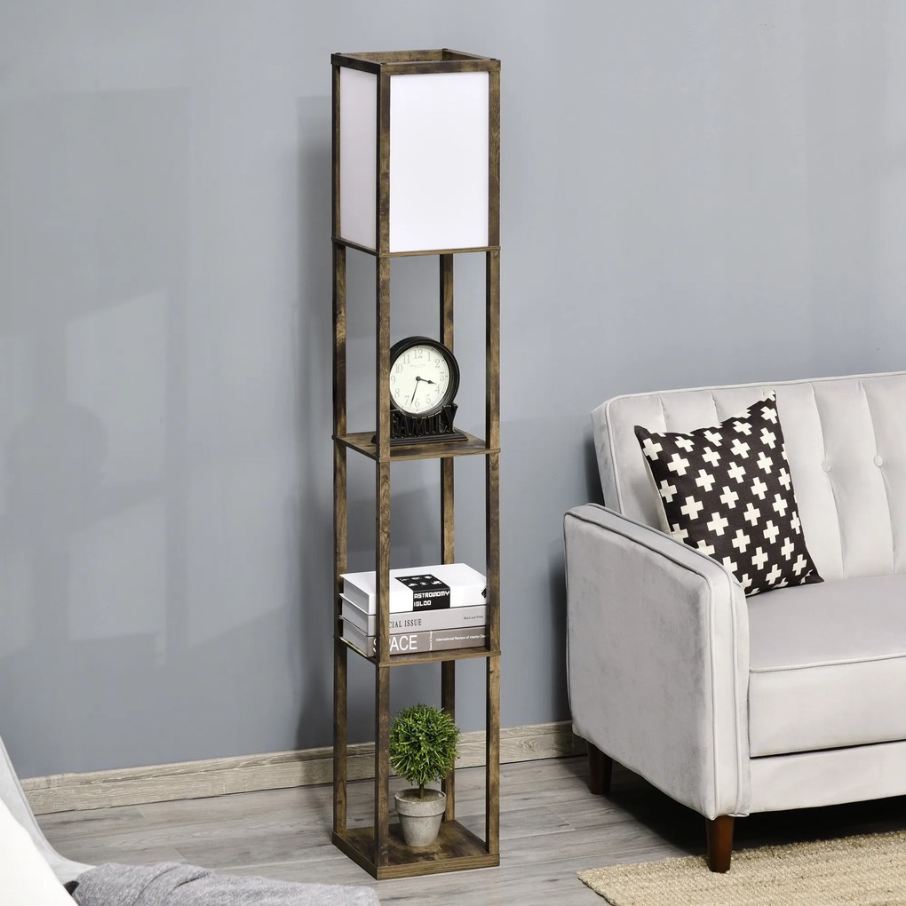 Candeeiro de Pé de Madeira com 3 Prateleiras para Lâmpada E27 Potência Máx. 40W 26x26x160 cm Castanho Rústico