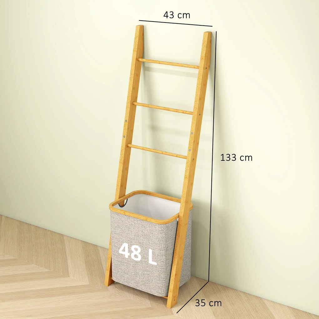 Estante para Casa de Banho de Bambu com 3 Barras e Cesto para Roupa Suja Removível de 48 L 43x35x133 cm Creme e Madeira