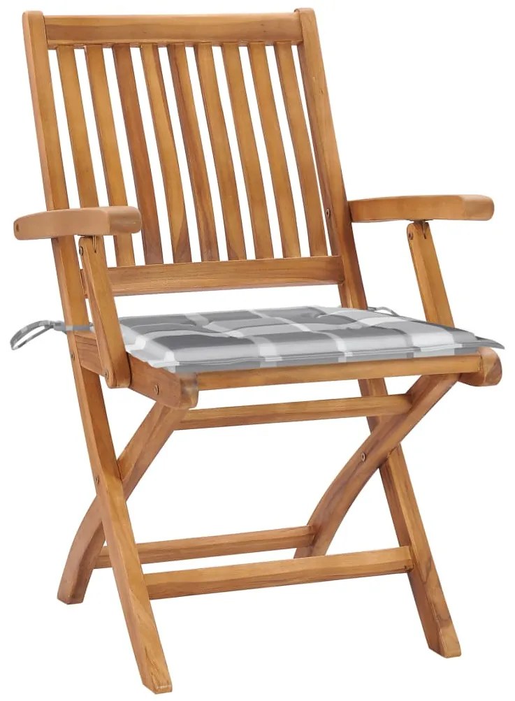 Cadeiras jardim c/ almofadões xadrez cinzento 2 pcs teca maciça