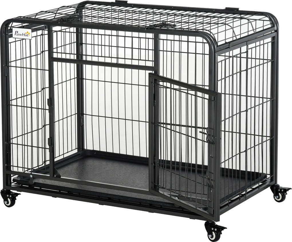 PawHut Gaiola Dobrável para Cão Caixa de Transporte com Rodízios 2 Portas Trancáveis Bandeja Amovível 94x58x69,5 cm Cinza Escuro | Aosom Portugal