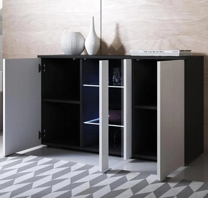 Aparador "Lukis" com Luz LED - 120x72x40 cm - Preto e Branco Brilhante