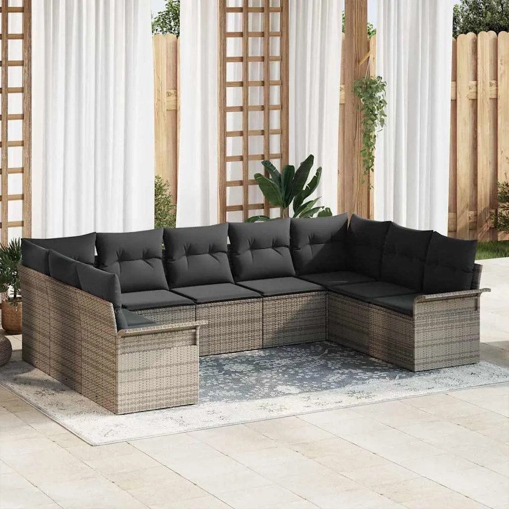 Conjunto de Sofá de Jardim com 9 Peças e Almofadas Cinzas em Rattan Si