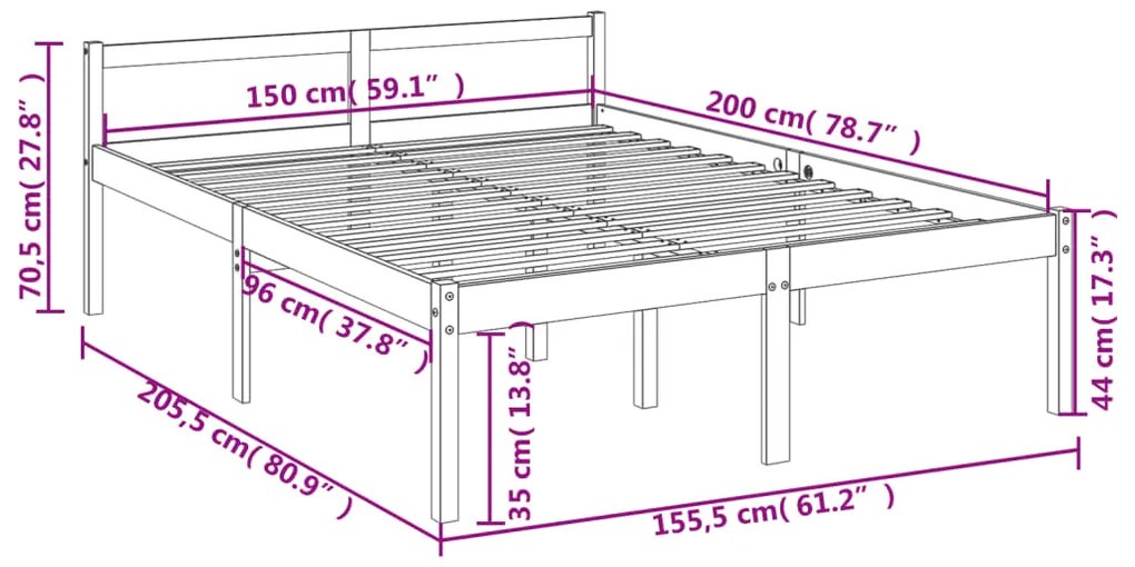 Cama para idosos king size 150x200 cm pinho maciço preto