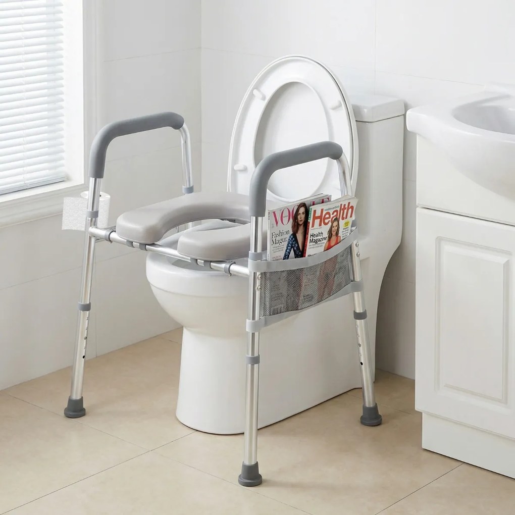 Assento elevatório para sanita para idosos e grávidas, com altura e largura ajustáveis, apoios de braços almofadados e bolso, estrutura em alumínio Pr