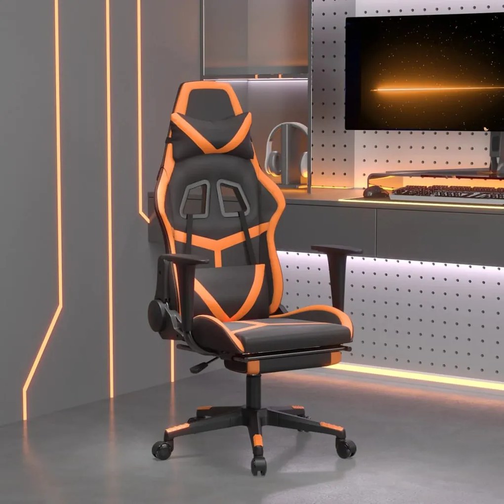 vidaXL Cadeira gaming c/ apoio p/ pés couro artificial preto e laranja