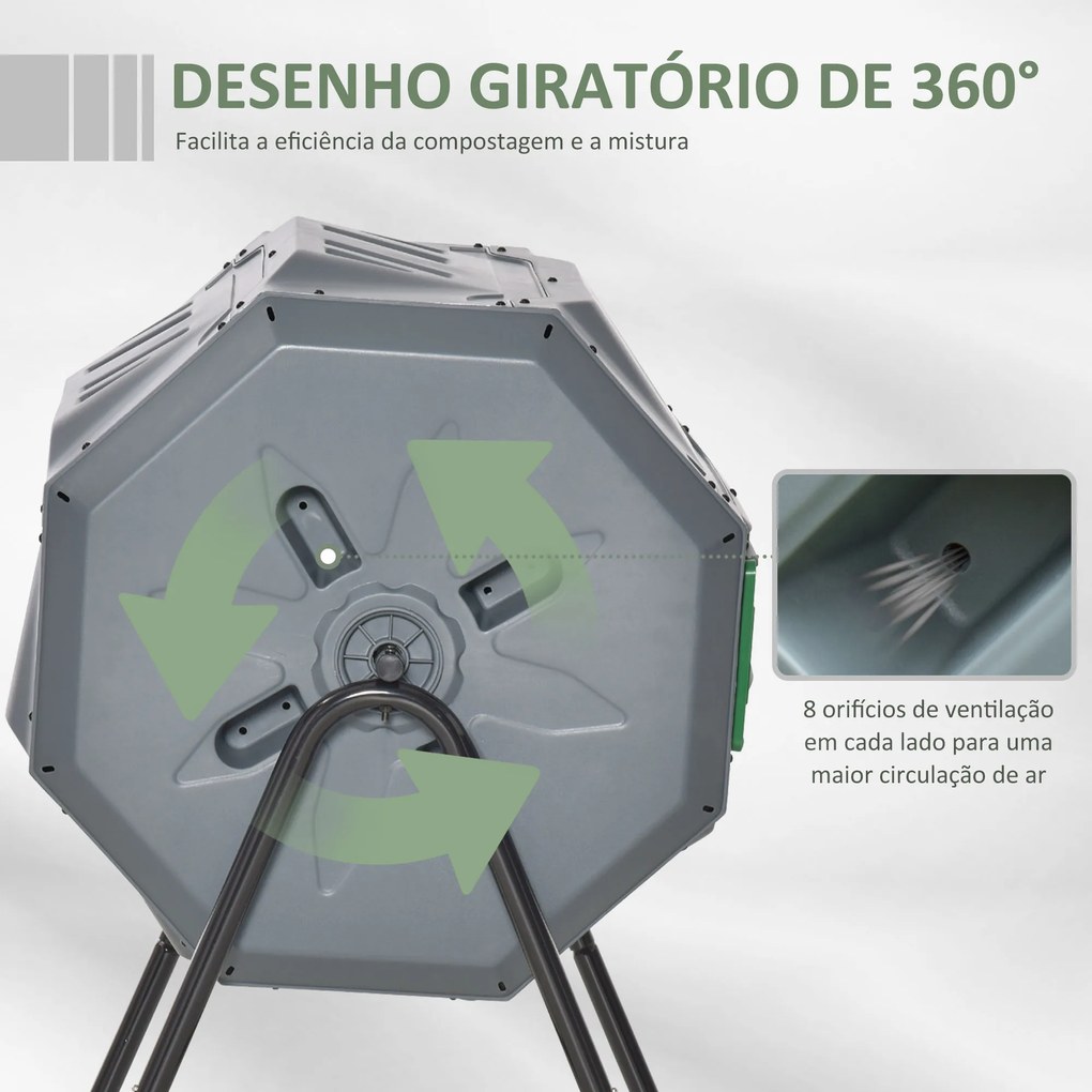 Compostor de Tambor Giratório com Capacidade 160L de Dupla Câmera e Ventilação para Resíduos 71x65x96 cm Cinza e Verde