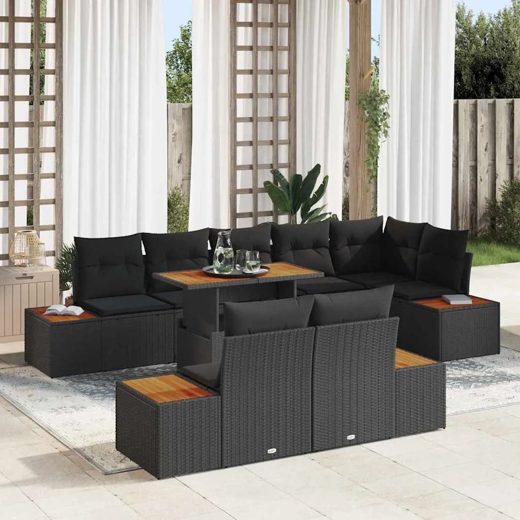 vidaXL Conjunto de Jantar para o Jardim com 9 Peças e Almofadas de Rattan Sintético Preto Acácia