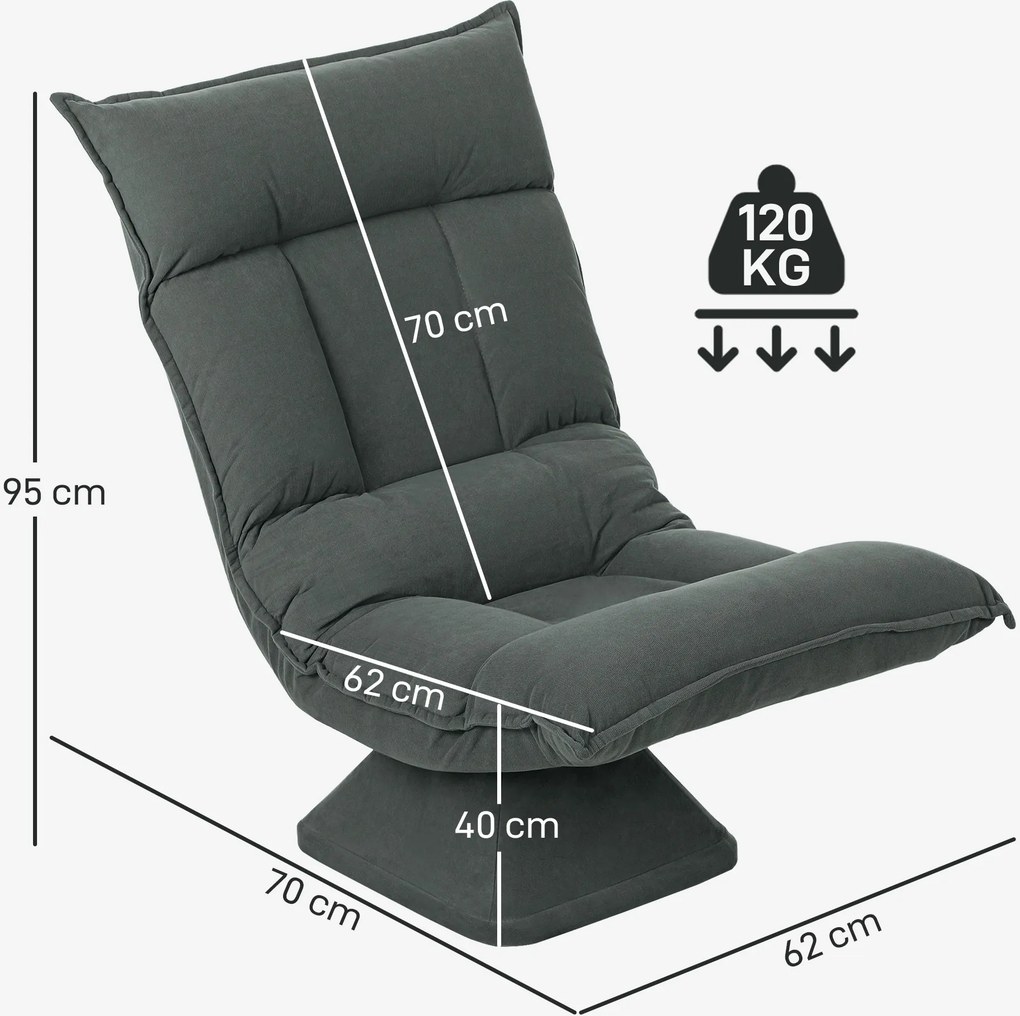 Cadeira de chão giratória a 360°, cadeirão dobrável em veludo com encosto ajustável em 5 posições, 70 x 62 x 95 cm, cinzento escuro
