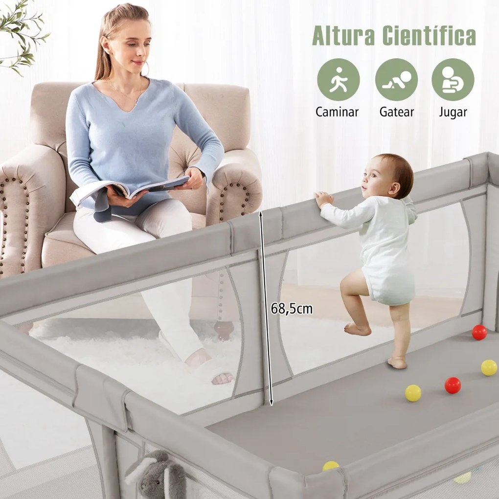 Parque para bebés 206 x 147 x 68,5 cm com rede respirável, bolsa de transporte, 50 bolas oceânicas e porta com fecho de correr  – Cinza claro