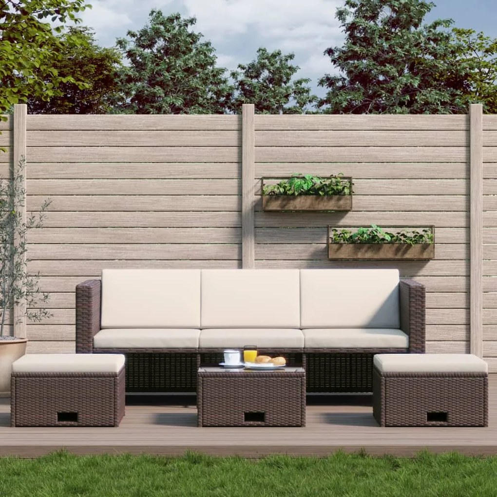 vidaXL 4 pcs conjunto lounge jardim c/ almofadões vime PE castanho
