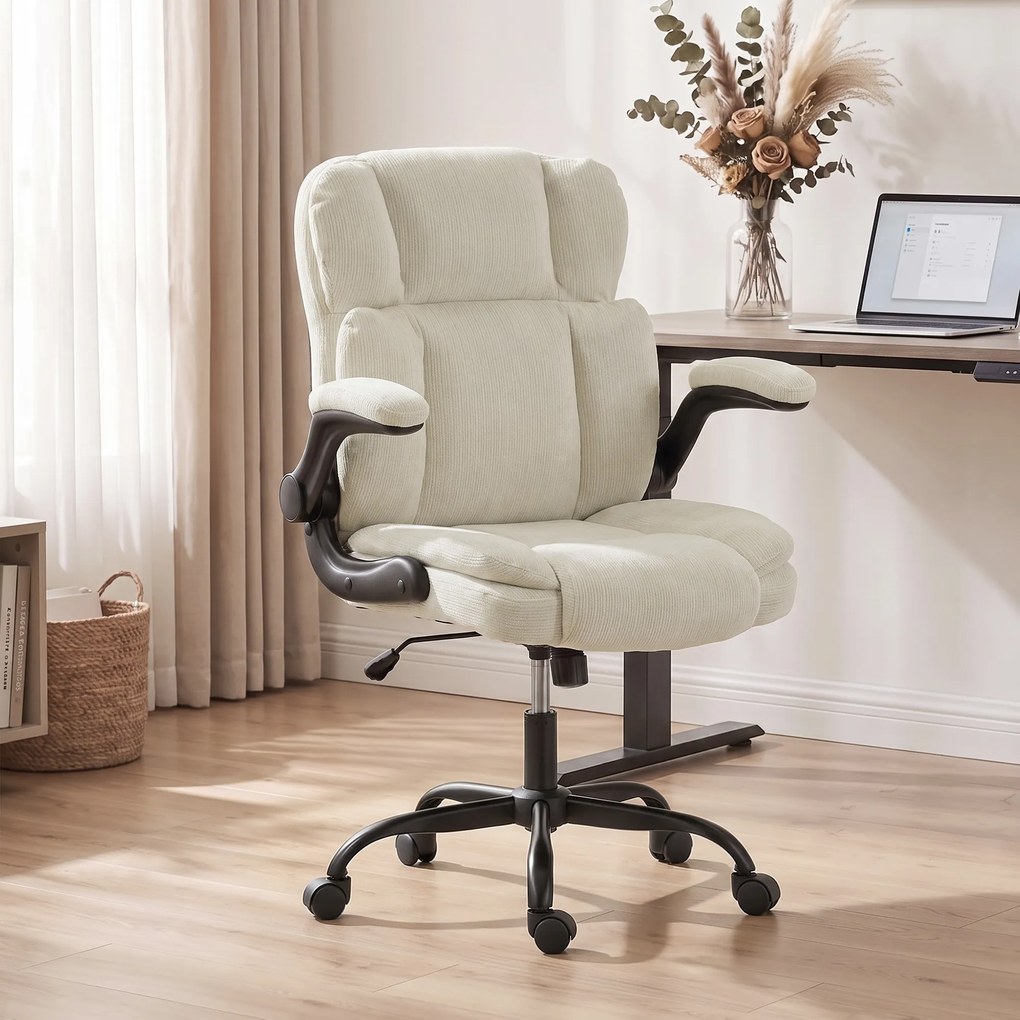 Cadeira de escritório ergonómica em chenille, função de balanço, braços rebatíveis, altura ajustável, 70 x 67 x 108 cm, bege