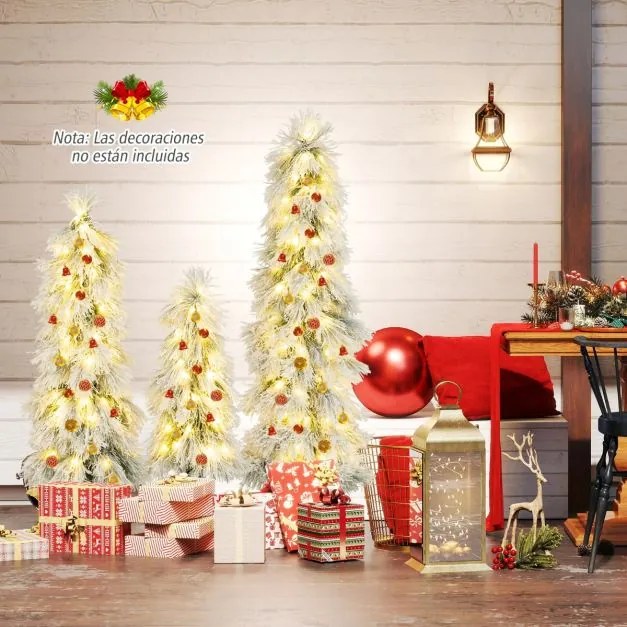 Conjunto de 3 árvores de Natal artificiais de 90 cm, 120 cm e 150 cm pré-iluminadas com pontas nevadas 30, 50 e 70 luzes verdes
