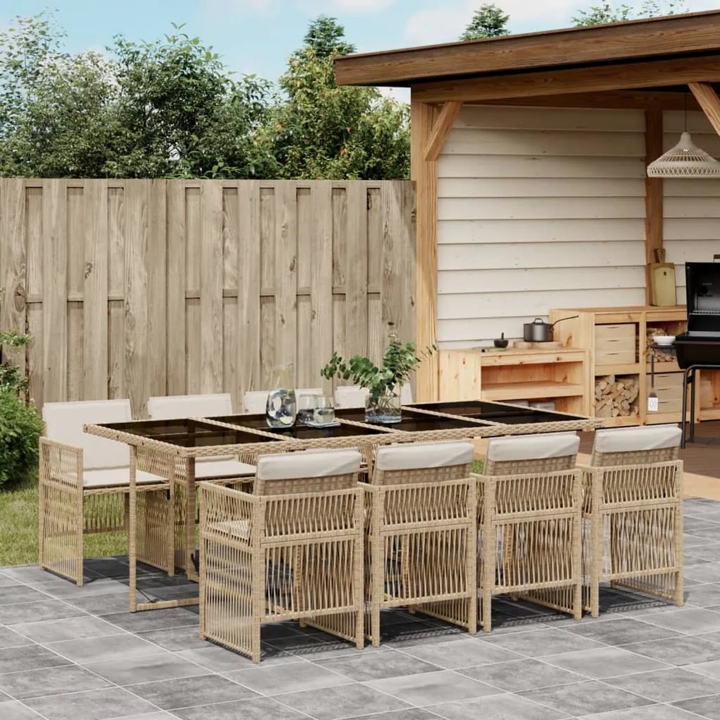 9 pcs conjunto de jantar p/ jardim com almofadões vime PE bege