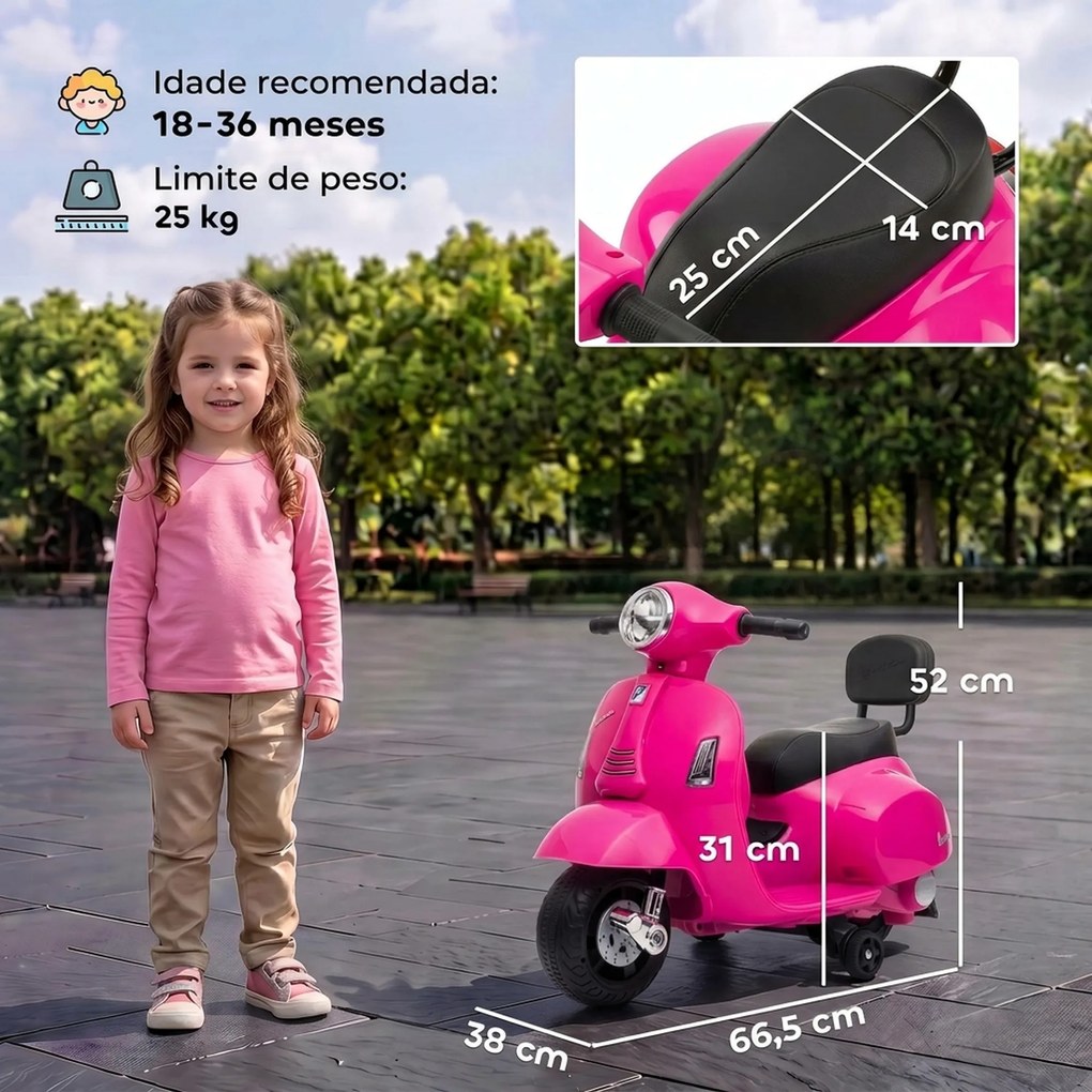 Mota Elétrica Infantil 6V para crianças 18-36 meses com Licença Mini Vespa GTS, 2 Rodas Auxiliares, Bateria de Lítio, Farol, Buzina, Encosto, Rosa