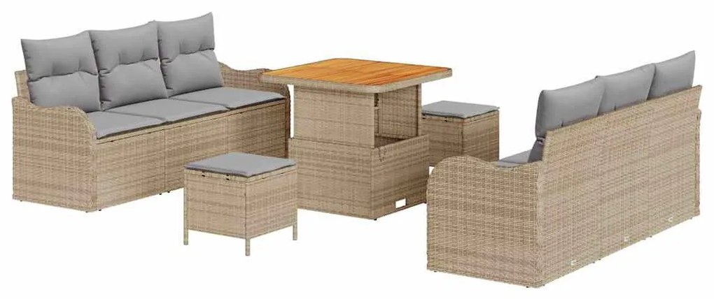Conjunto de Sofá de Jardim de 9 Peças com Almofadas Bege Poliéster de