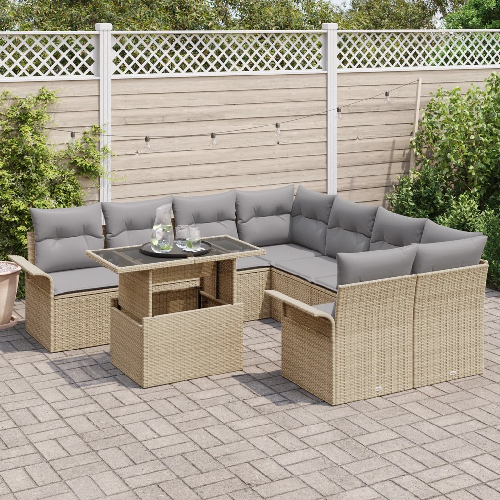 Conjunto de Sofá de Jardim vidaXL 9 Peças com Almofadas Bege Rattan Po