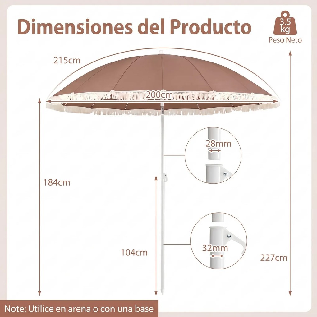 Guarda-sol de praia com franjas, 200 cm, 12 varas, ângulo de inclinação ajustável, proteção solar, estilo boémio, para jardim, pátio ou piscina, Cafe
