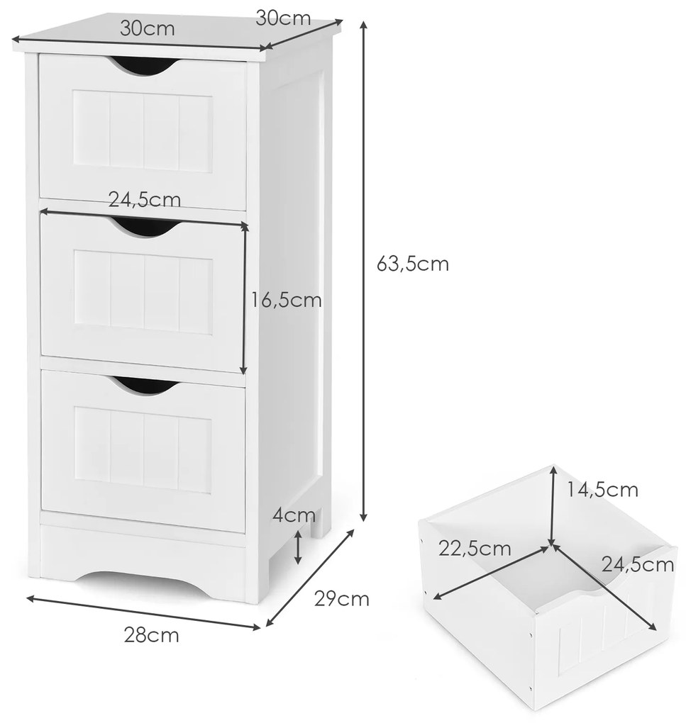 Armário com 3 Gavetas Verticais de Madeira Cómoda Moderna para Sala Quarto casa de banho Escritório  28 x 29 x 63,5 cm Branco