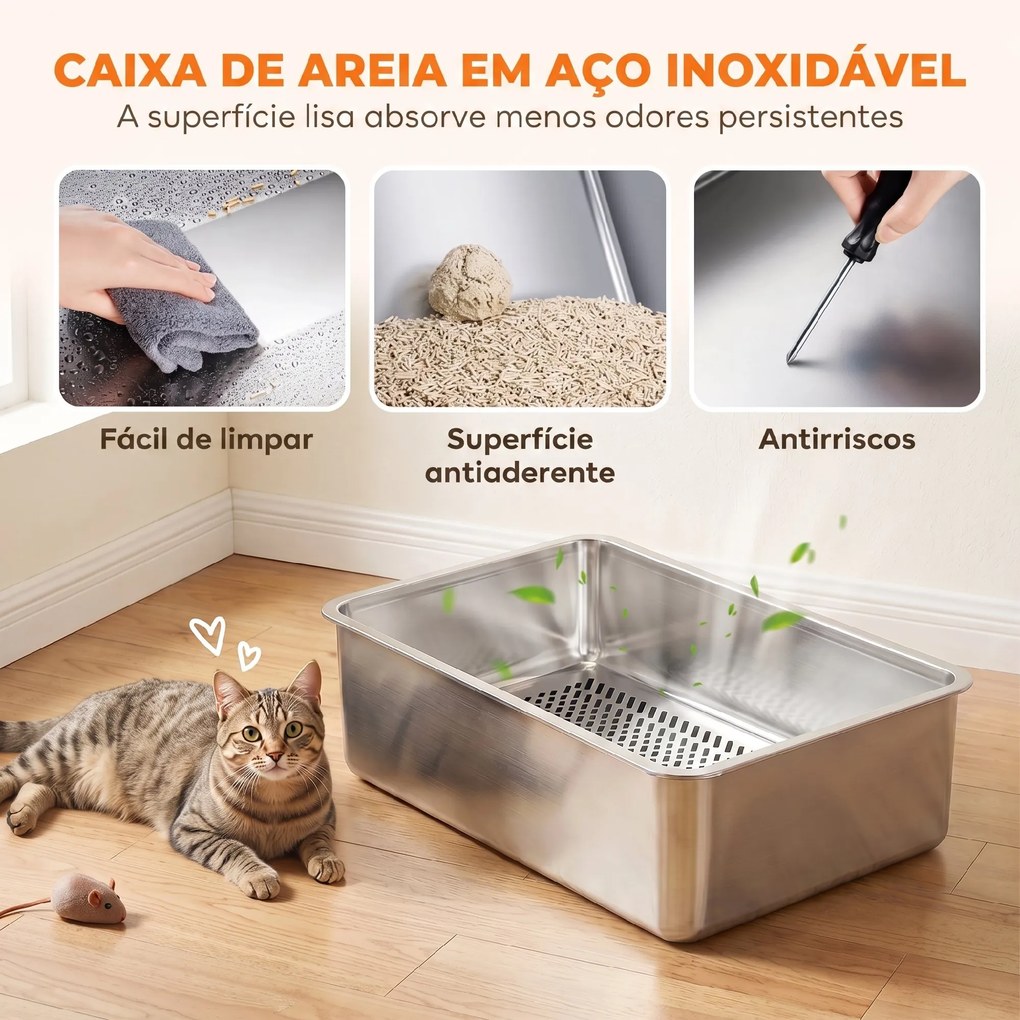 Caixa de Areia para Gatos em Aço Inoxidável com Peneira Laterais Altas Pá e 10 Resguardos Cinzento-Escuro