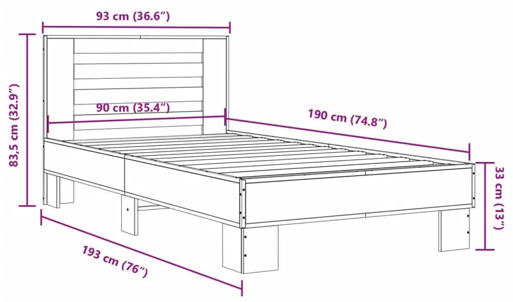 Estrutura de cama 90x190 cm derivados de madeira e metal preto