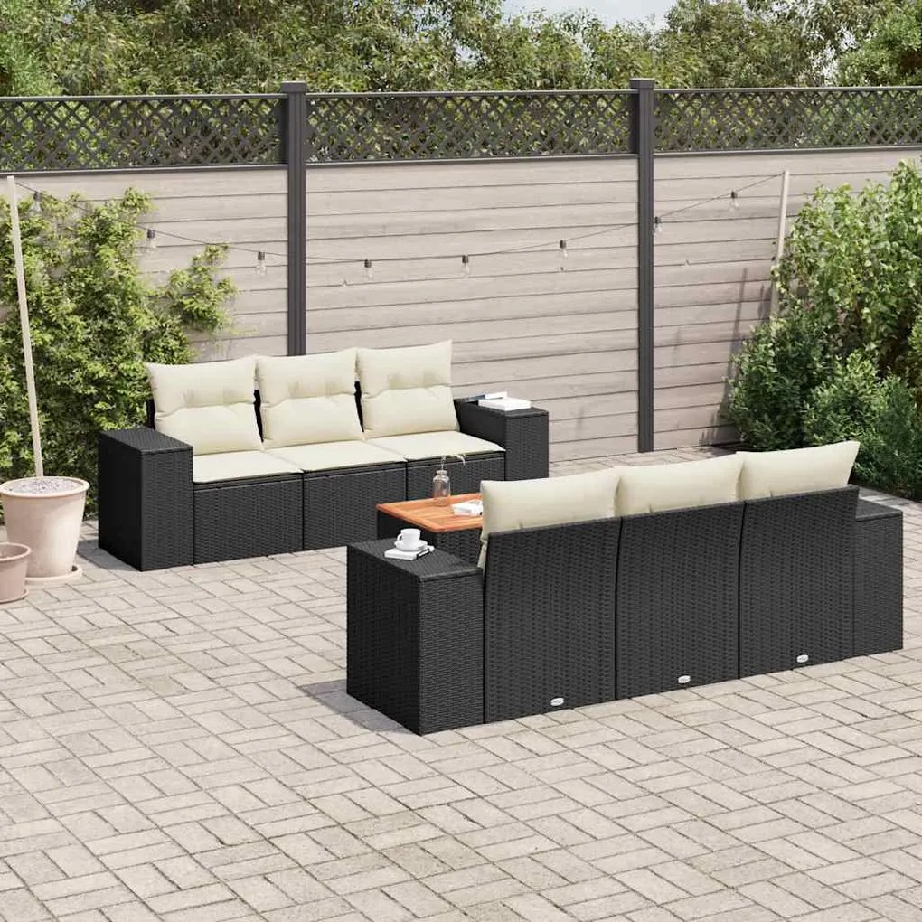 7 pcs conjunto de sofás p/ jardim c/ almofadões vime PE preto