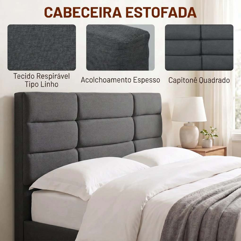 Cama Estofada 140x200 cm (COLCHÃO NÃO INCLUIDO) com Cabeceira Almofadada, Estrado de Ripas e Espaço Livre Inferior, Cinzento