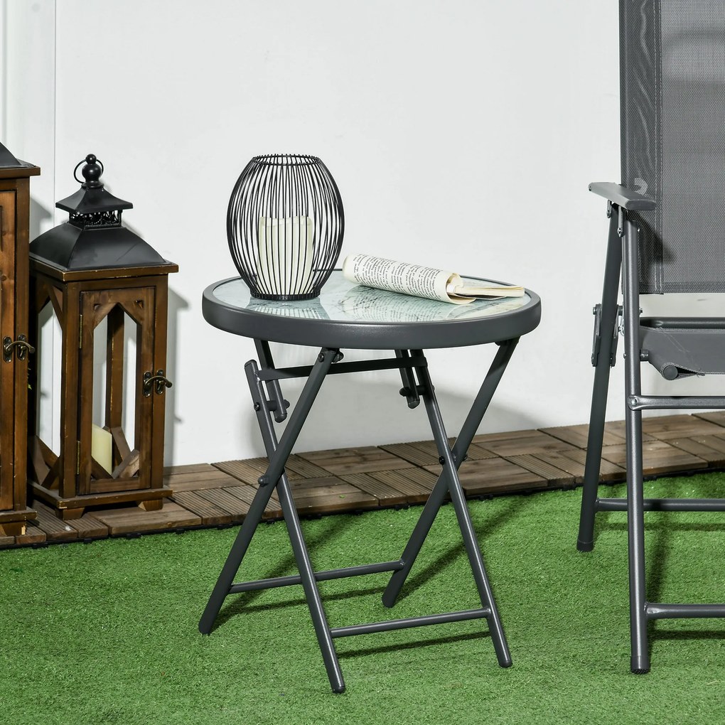 Mesa de jardim dobrável Ø45 x 50 cm, mesa auxiliar dobrável, tampo em vidro temperado com efeito mármore, estrutura redonda em metal, , cinzento escur