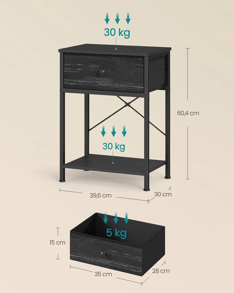 Mesa de cabeceira preta com tomada LED, 39,6 x 30 x 60,4 cm, 2 gavetas Preto
