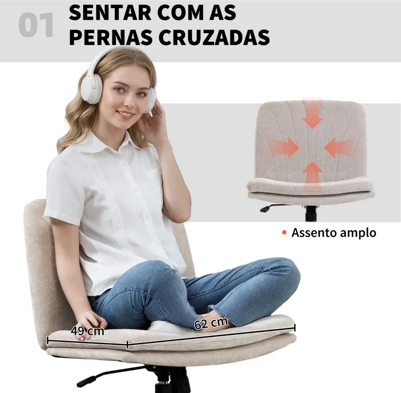 Cadeira de Escritório com Assento Largo sem Apoios de Braço Rodas Altura Ajustável Giratória Função Basculante 62x67x83-93 cm Bege