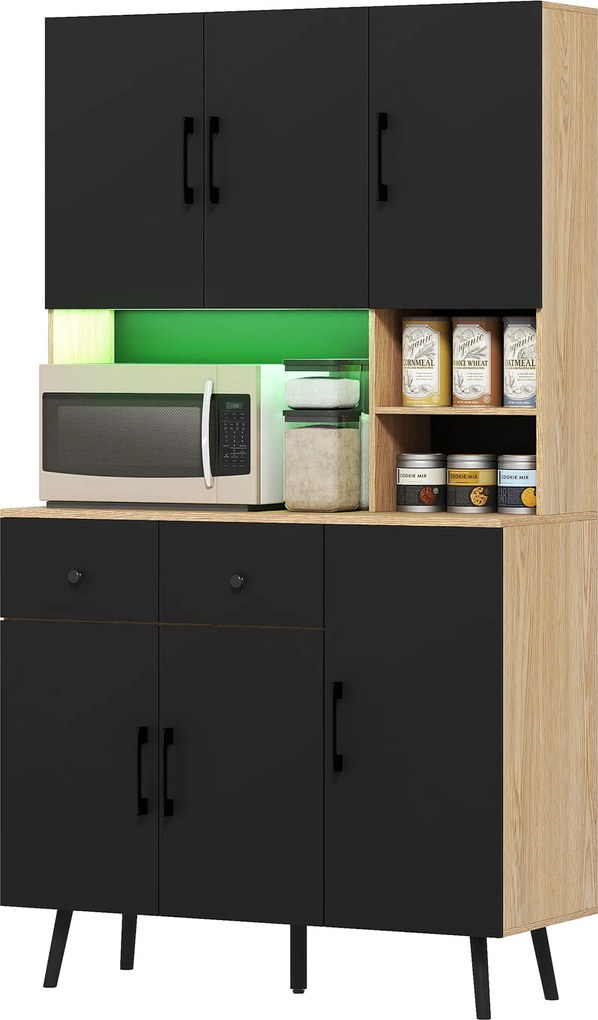 Armário de cozinha com iluminação LED RGB, bancada, 6 portas e 2 gavetas, 100 x 40 x 176 cm, preto
