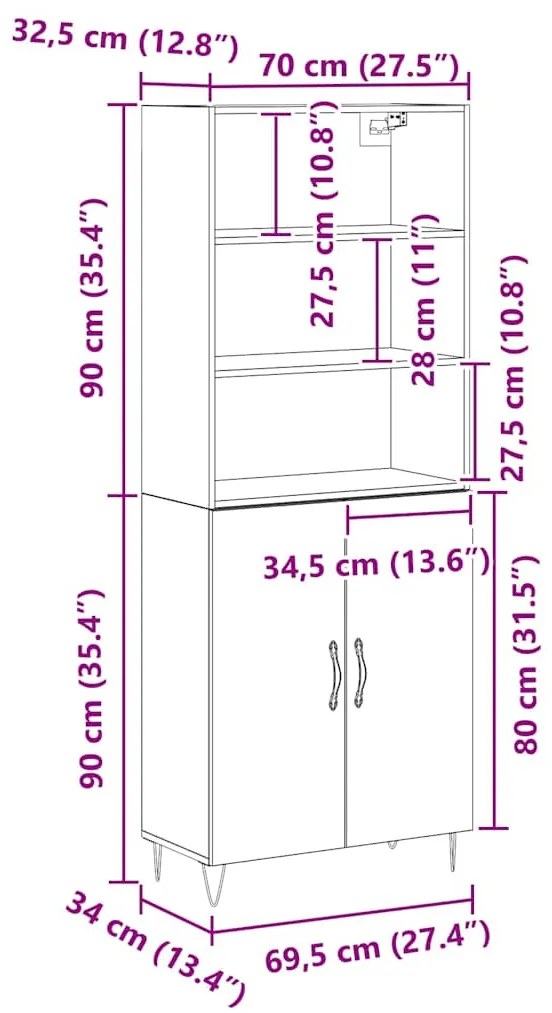 Buffet Carvalho Preto 69.5x34x180 cm Madeira Engenharia