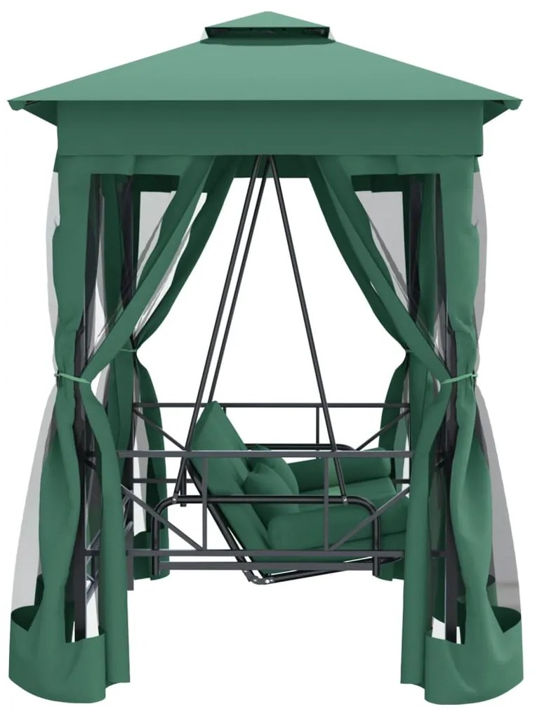 Gazebo de jardim c/ banco baloiço conversível tecido/aço verde