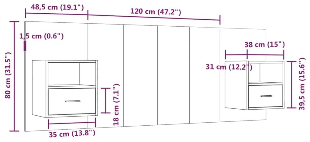 Cabeceira cama + armários madeira processada sonoma cinzento