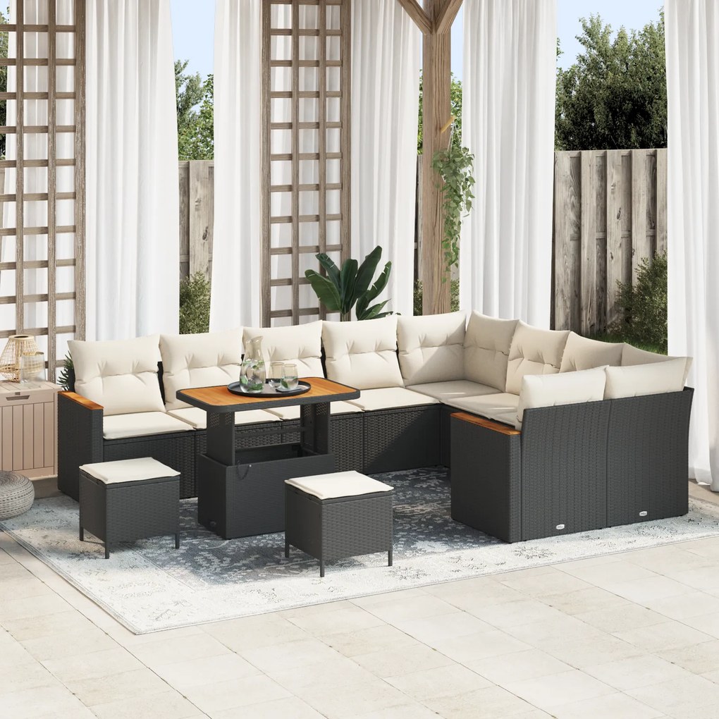 Conjunto de Sofá de Jardim vidaXL de 12 Peças com Almofadas Preto Rattan de Poliéster