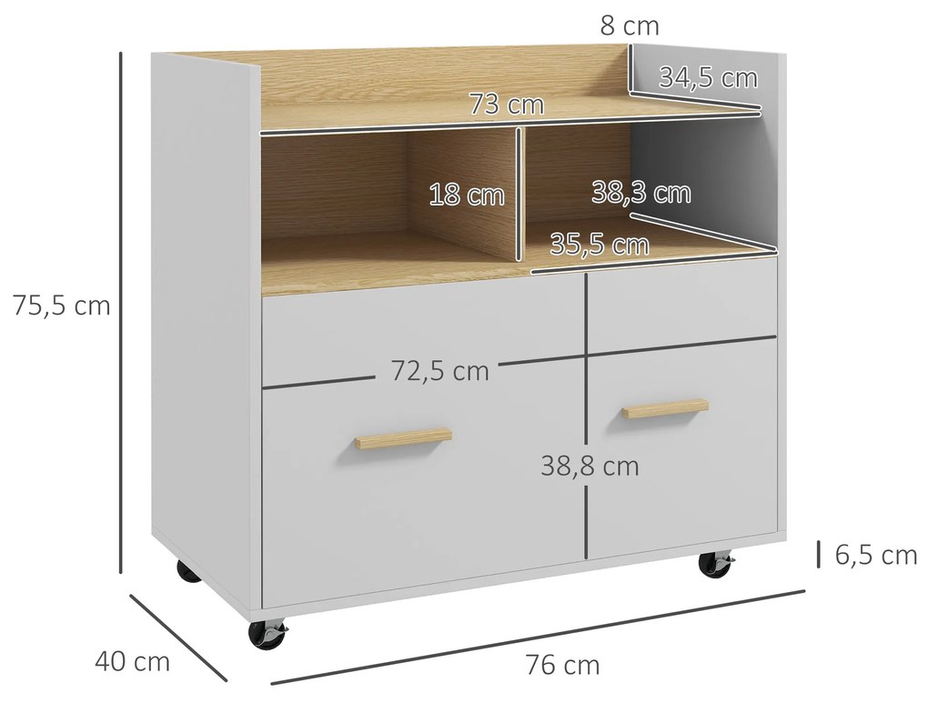 Armário para Escritório Armário para Arquivos com Rodas e Barra Suspensa para Tamanho A4 76x40x75,5 cm Branco e Madeira