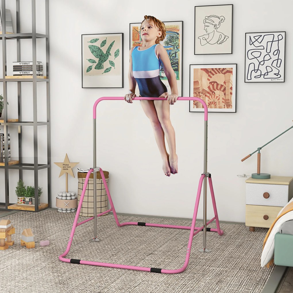 Barra de Ginástica para Crianças Dobrável com Altura Ajustável para Treino em Casa 154x106,2x88,5-128,5 cm Rosa