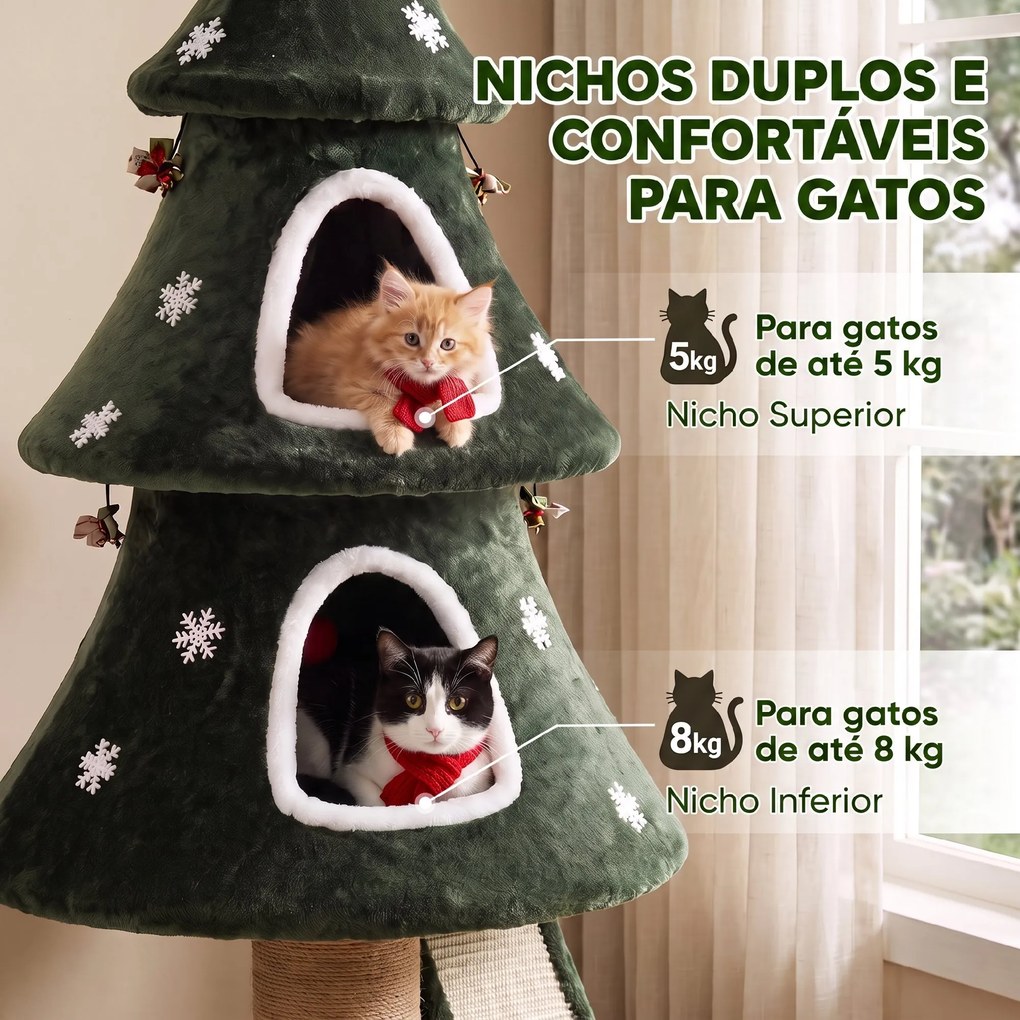 Árvore Arranhadora para Gatos 132 cm com 2 Casinhas, Design de Natal, Escada de Sisal, Verde
