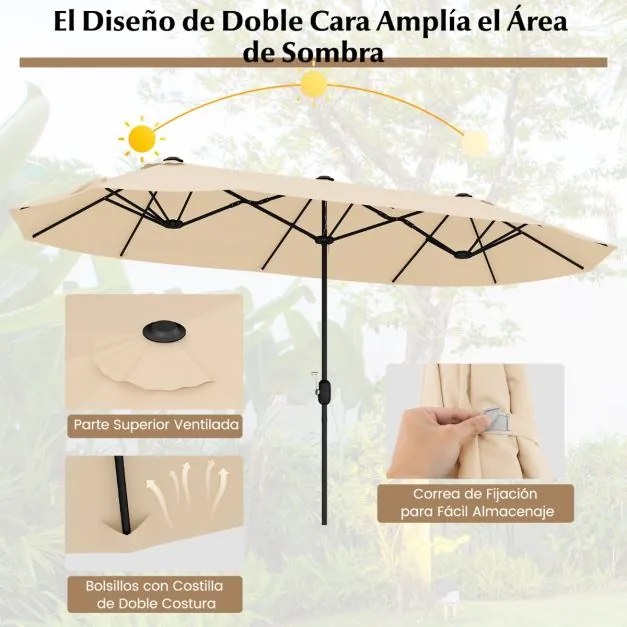 Guarda-sol duplo para jardim com base recarregável, manivela e 12 hastes de alta resistência Bege