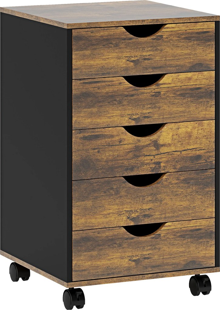 HOMCOM Gaveteiro de Escritório com 5 Gavetas e Rodízios Giratórios com Travões, 40x40x67 cm, Castanho | Aosom Portugal